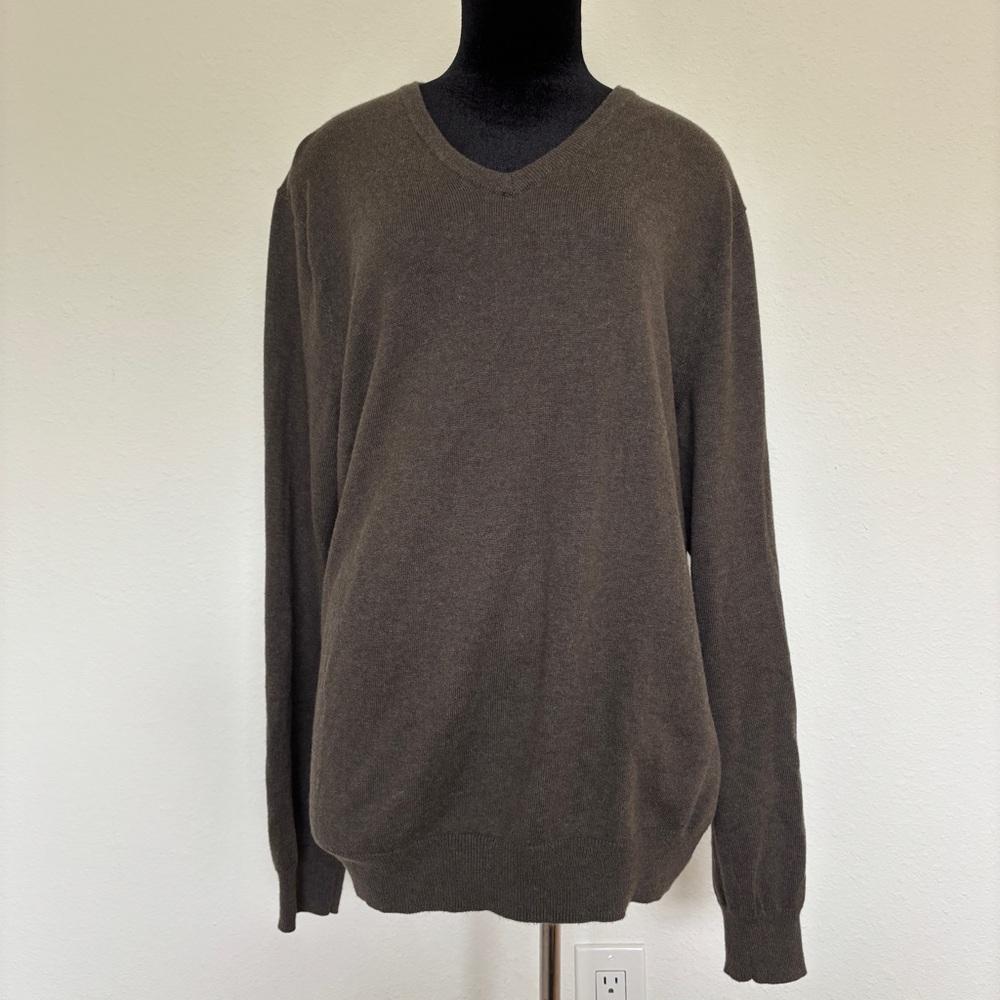 J. Crew Classic Olive Green Brown V Neck Sweater Cotton Cashmere Blend
